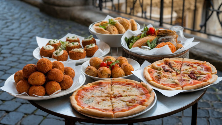 Plates of arancini and pizza