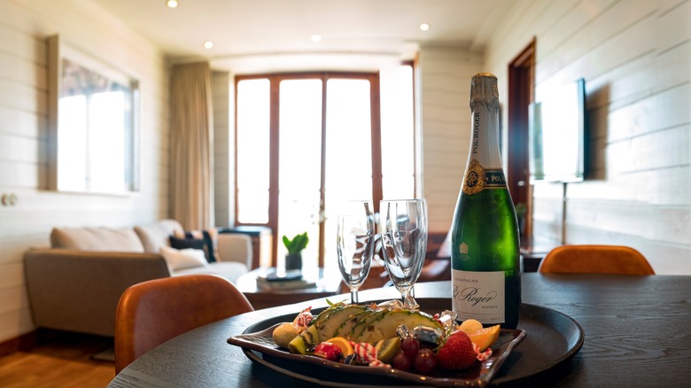 Hotel Tylösand resort room with champagne and cheese tray