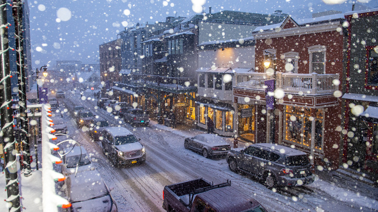 Snow falling on Park City