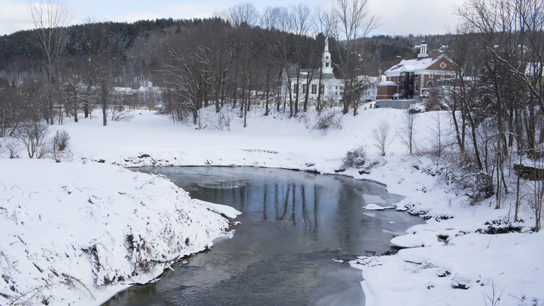 A creek with Stowe in the background