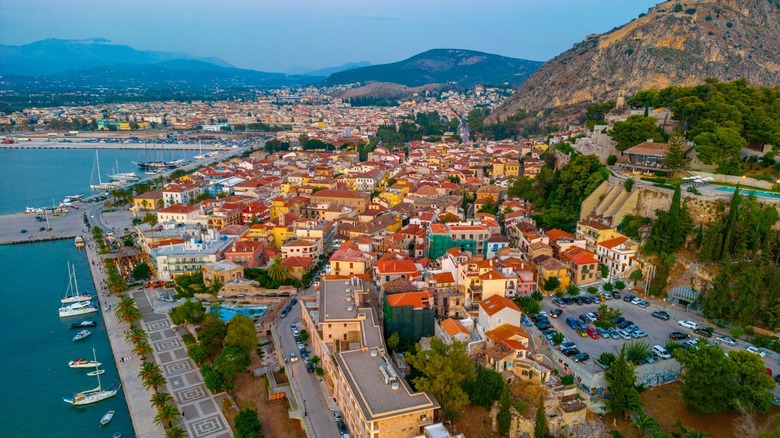 Aerial view of buidlings and mountains in Nafplio, Greece