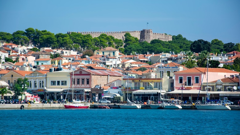 A castle above orange-roofed houses