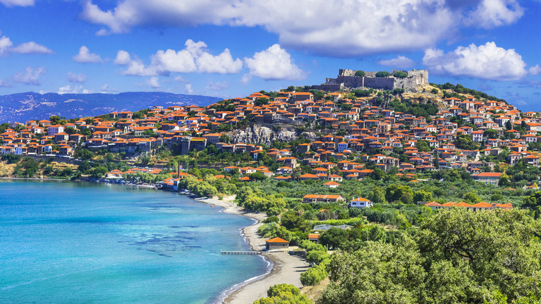 A seaside village on a hill