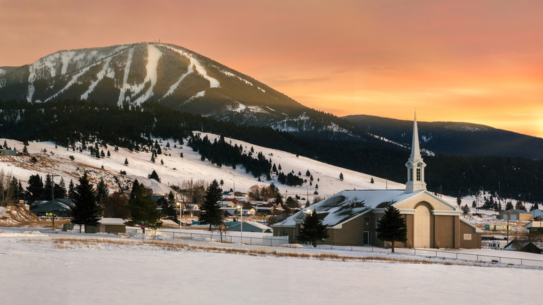 White steepled church in Philipsburg, Montana