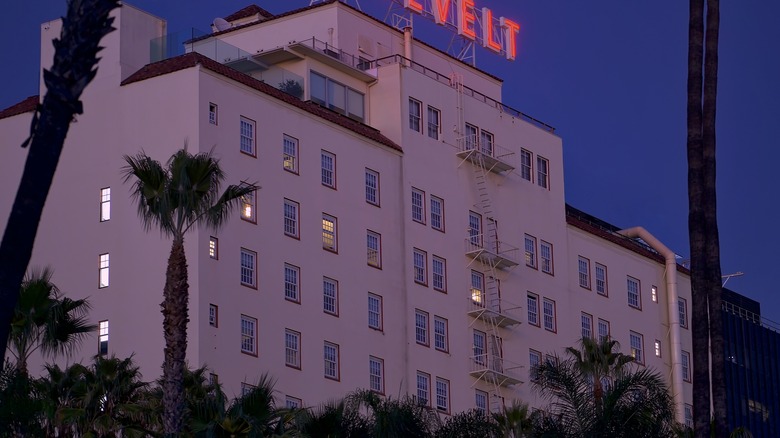 Hollywood Roosevelt Hotel by night in Hollywood, CA