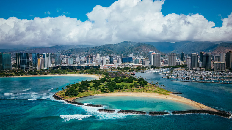 Aerial view of Magic Island Lagoon in Honolulu