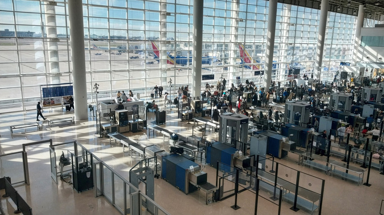 An airport security checkpoint viewed from above