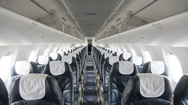 View of windows and seats inside a plane