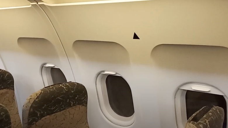 The black triangle sticker above a plane window