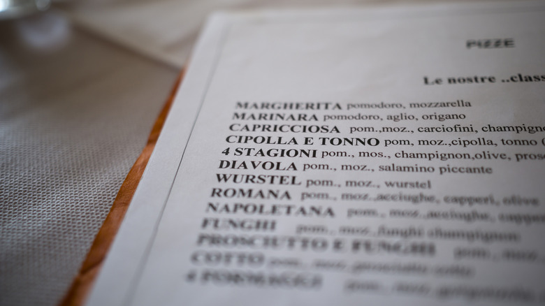 Italian pizza menu