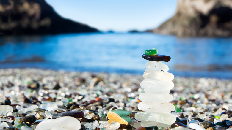 Stacked sea glass at Glass Beach in Fort Bragg, California