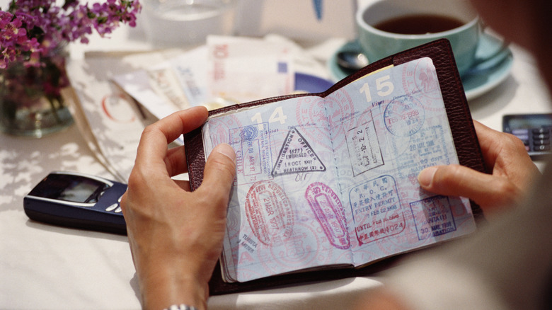 Person holding stamped passport
