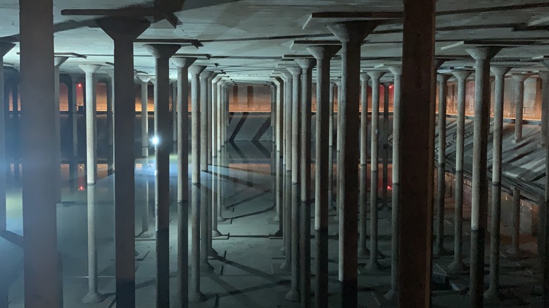 Rows of columns in The Cistern, located in Buffalo Bayou Park