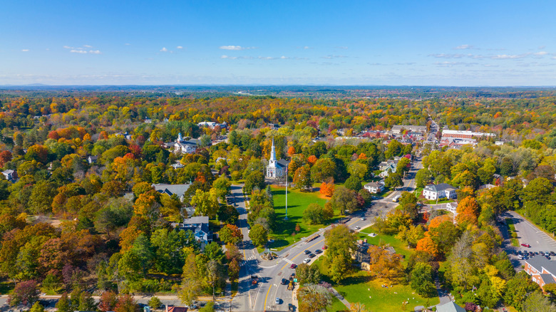 Aerial view of Lexington, Massachusetts, featuring trees, buildings, and cars