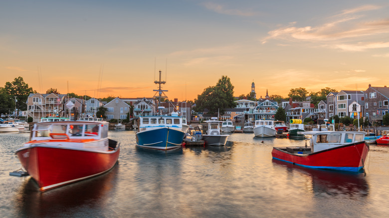 Sunset view of Rockport's harbor with boats