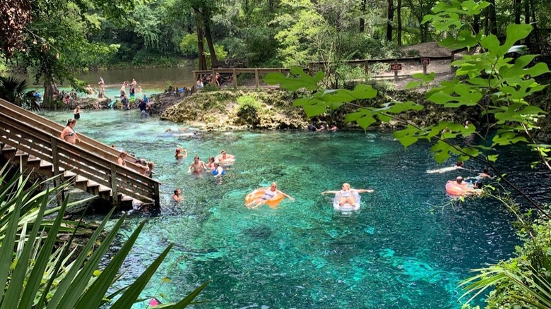 Swimmers floating in clear spring