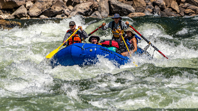 A blue raft holding four people flows down a river with fast-flowing white rapids