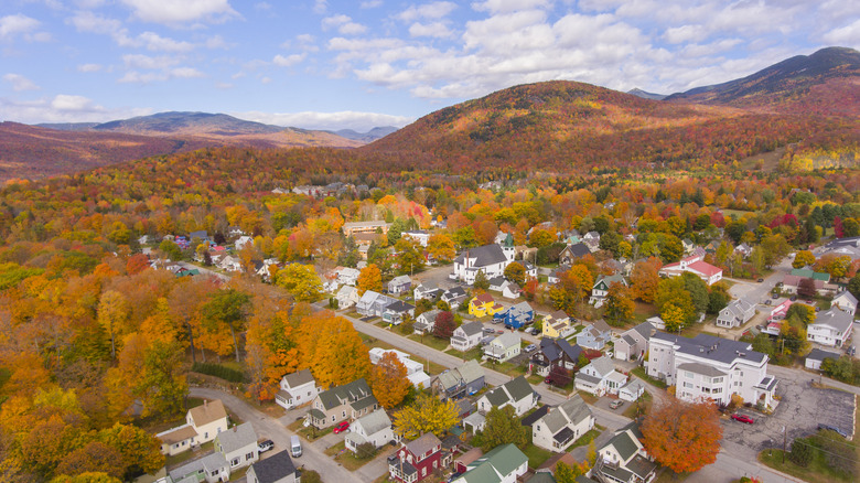 Aerial view of Lincoln, New Hampshire in the fall