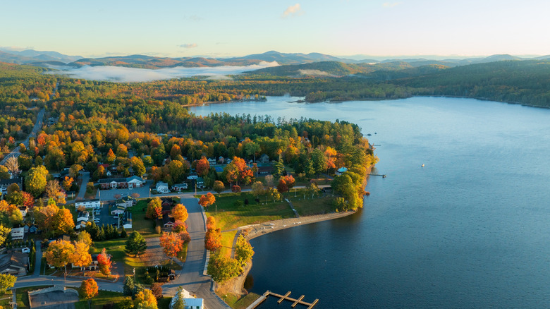 Schroon Lake village with lakefront and Adirondack Mountains