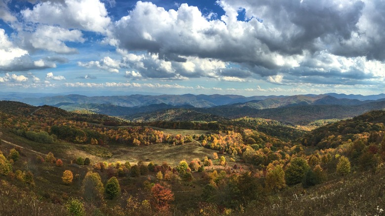 Aerial landscape of forested Hot Springs, North Carolina area