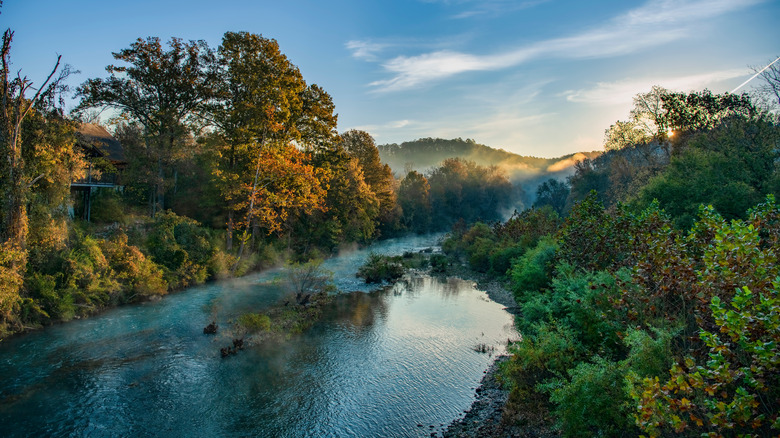 Morning fog rising off of the Buffalo River near Jasper, Arkansas, in the morning