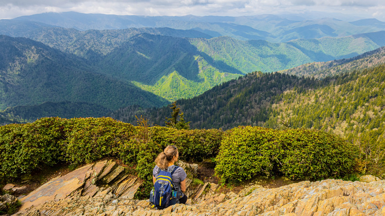 Hiker sitting before Smoky Mountains view from LeConte Lodge