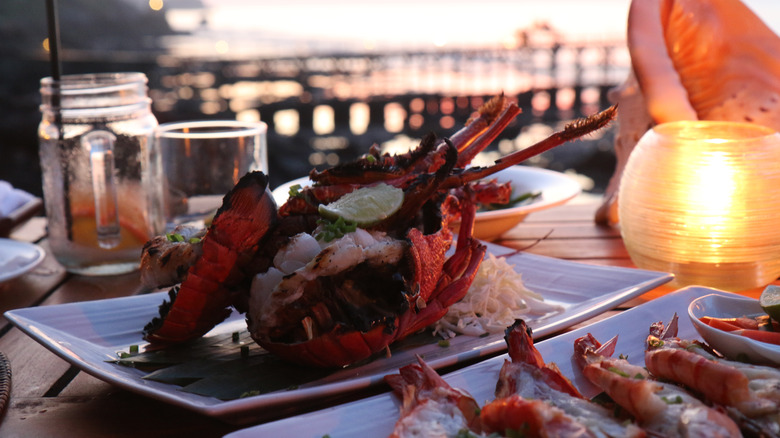 Eating seafood by the beach