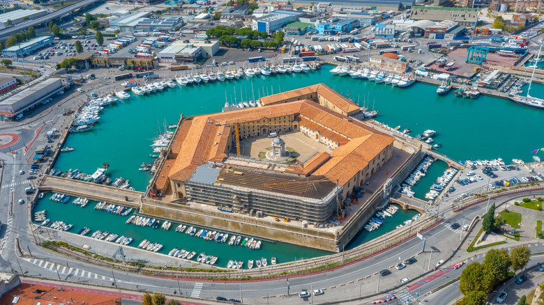 Aerial view of Mole Vanvitellian surrounded by boats