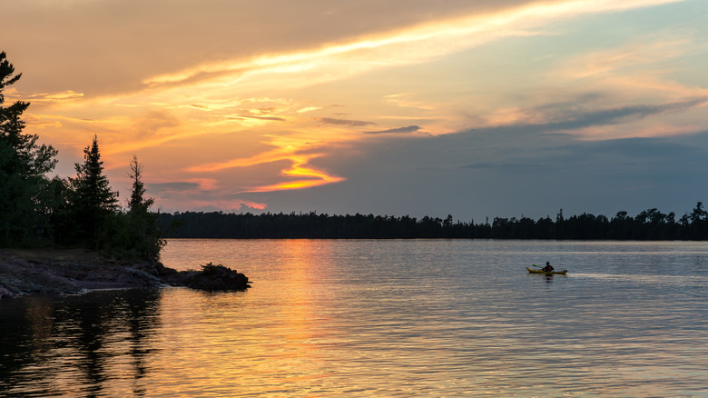 Kayaker paddling in Copper Harbor, Michigan