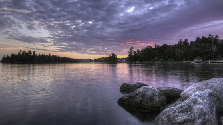 Lake of the Woods along the U.S.-Canada border with purple skies