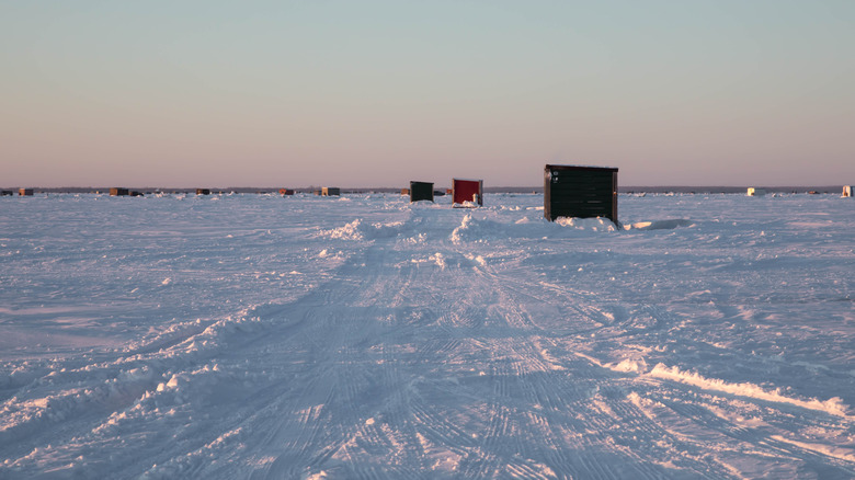 Ice houses on snow at Lake of the Woods