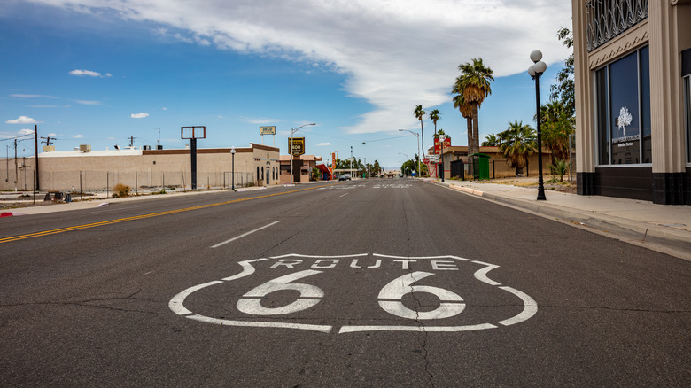 Route 66 emblem painted on road in Needles, CA