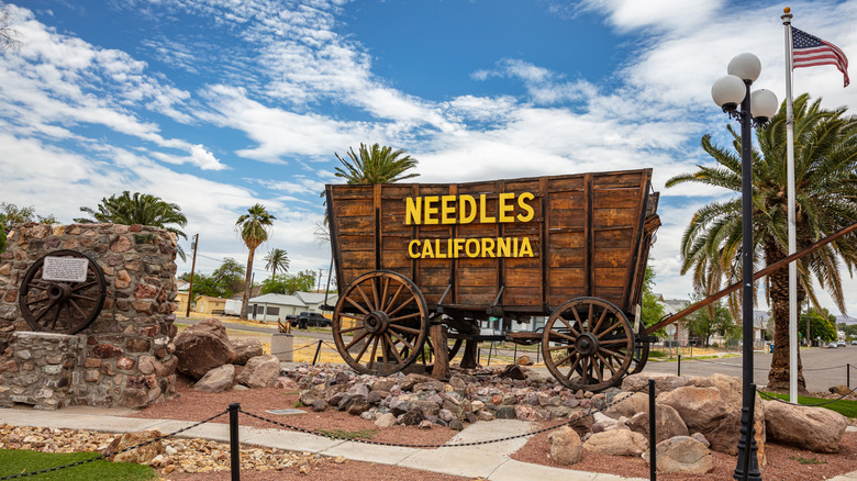 Needles, California, town name on wooden wagon