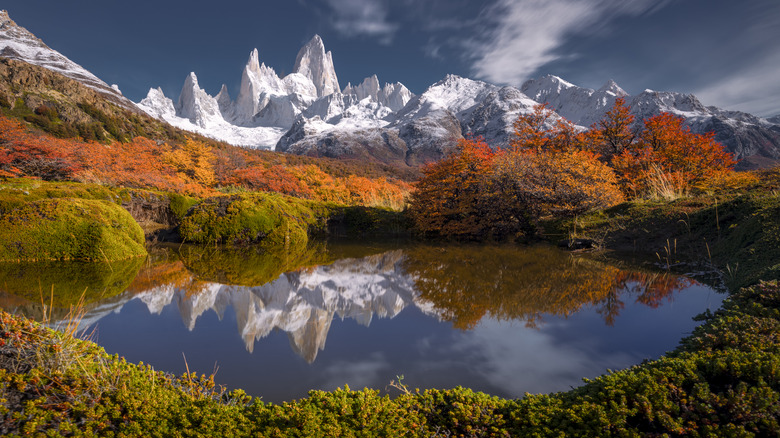 Views of a lake reflecting Mount Fitzroy during fall near El Chaltén, Argentina