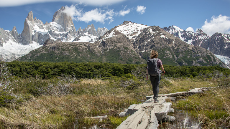 Hiker walking along a stony path in El Chaltén, Argentina