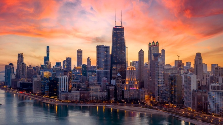 Chicago skyline at sunset