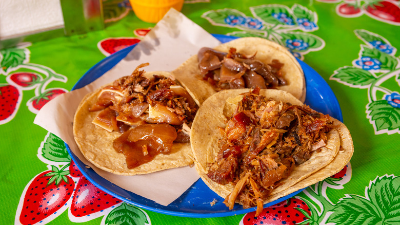 Plate of three carnitas tacos on a table