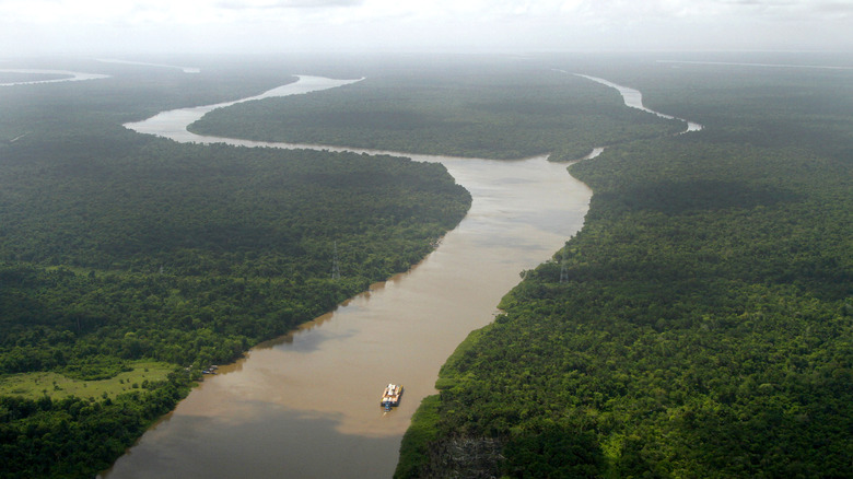 a freighter boat navigating the winding Amazon river