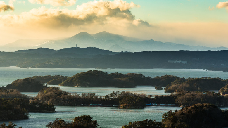 Matsushima Bay with mountains in the distance at dawn