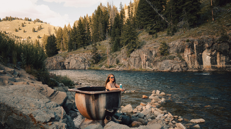 Woman in hot water tub at Boat Box Hot Springs in Idaho