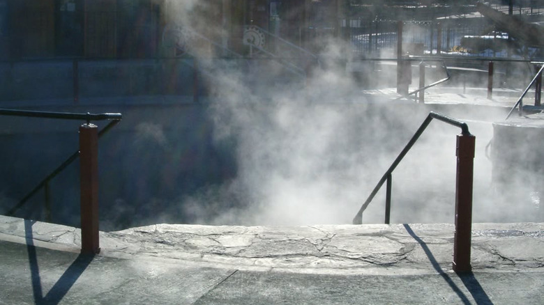 Lava Hot Springs Resort soaking pools on winter day