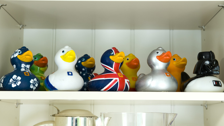 rubber ducks on shelves