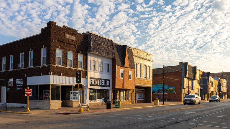 Businesses along a street in Olney, Illinois