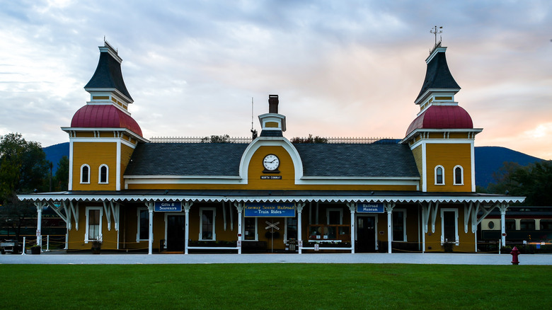 Conway Scenic Railroad station with sunset