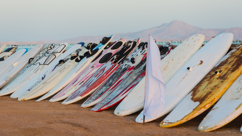 Surfboards propped up in the desert