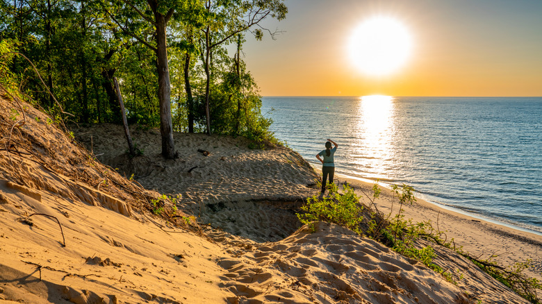 A person looking over Lake Michigan at Indiana Dunes National Park