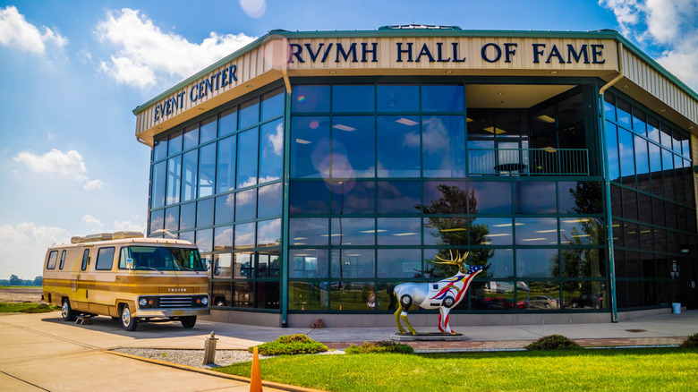 The front of the RV/MH Hall of Fame Museum in Elkhart, Indiana during the day