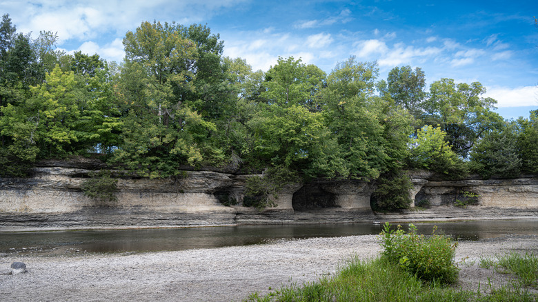 Green trees adorn the rock formations at the Seven Pillars Nature Preserve near Peru, Indiana