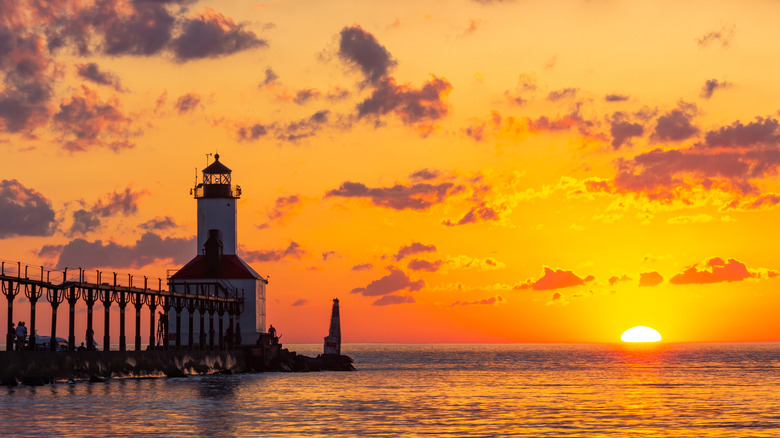 Sunset over the lighthouse at Michigan City