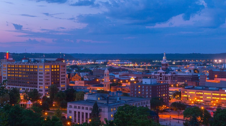 An aerial view of downtown Dubuque at sunset